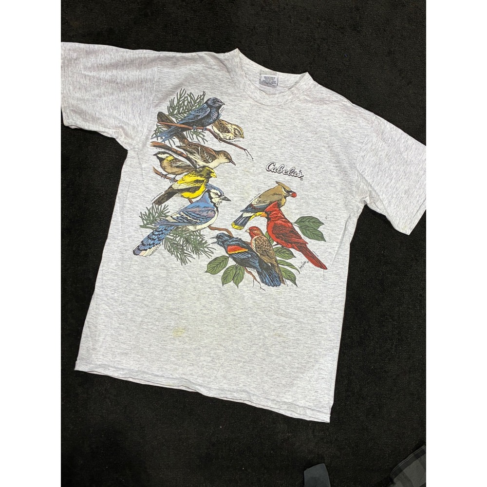 Vintage Cabelas Birds Graphic T-Shirt Large Made in USA Heather Grey 90s Tee